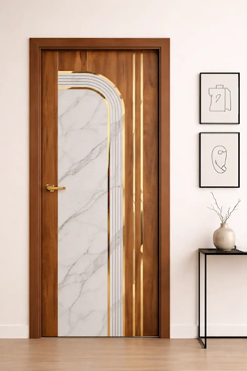 Designer door with wood veneer, marble inlay and gold trim in the showroom