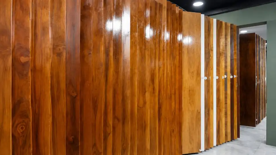 High-gloss wood-finish door panels on a flip-through sample rack in the showroom