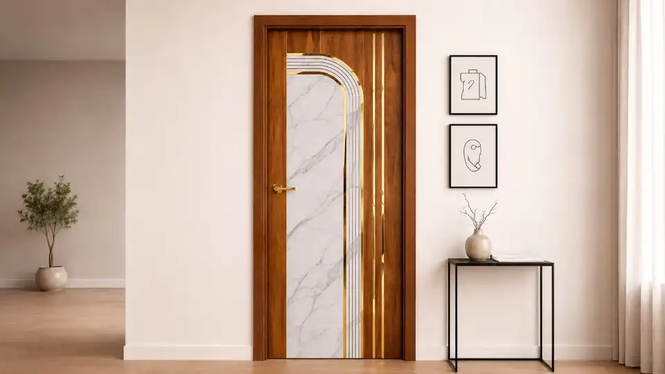 Premium designer door with marble arch inlay and gold trim — styled reference