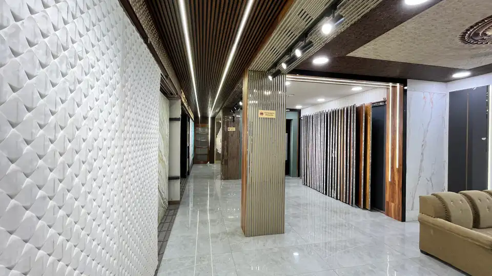 Wide view of product displays across the showroom floor