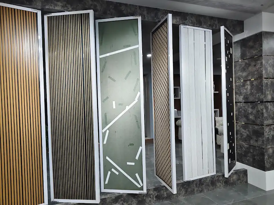 Showroom aisle with sample panels and finish displays