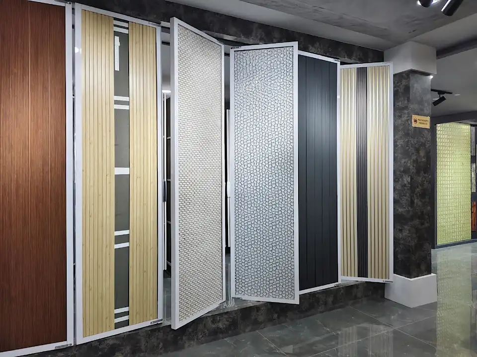 Interior materials and decorative finishes arranged in the showroom