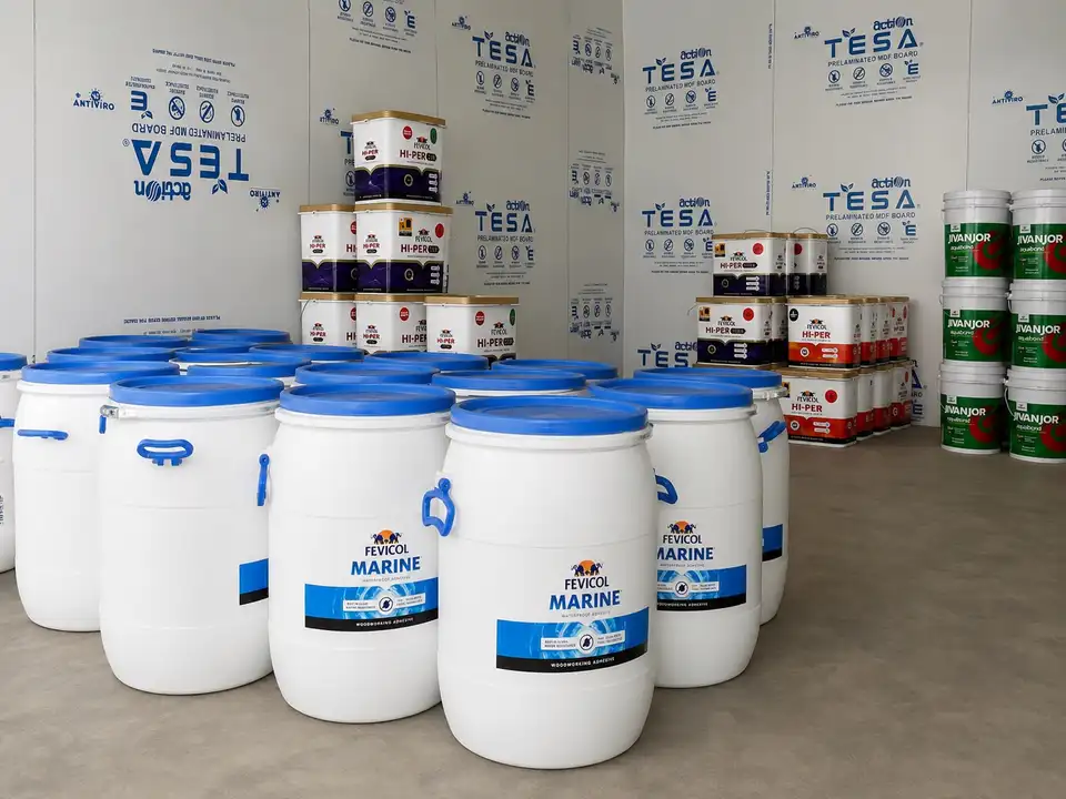 Fevicol Marine waterproof adhesive drums with Hi-Per and Jivanjor stock behind